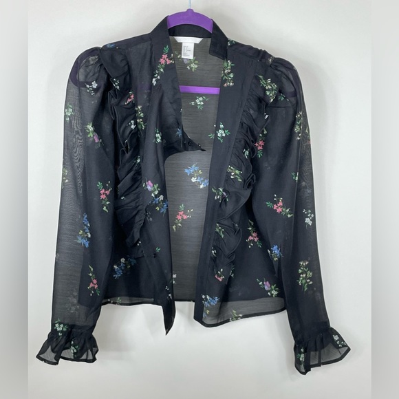 H&M Puffed Sleeve Ruffled Blouse - Black w/floral print - Picture 7 of 12